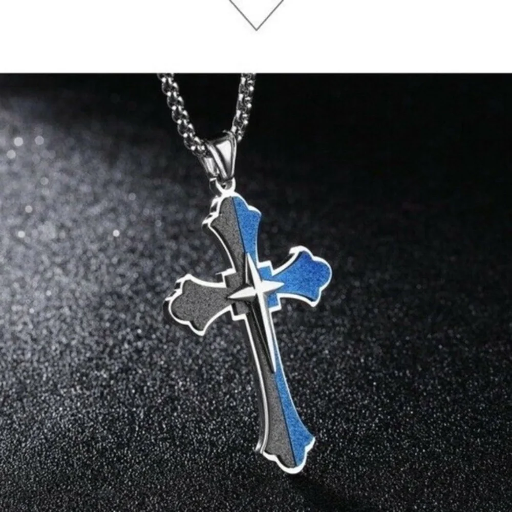 Mens Sliver‎ Cross Pendant Necklace Stainless Steel Titanium Blue Black 24